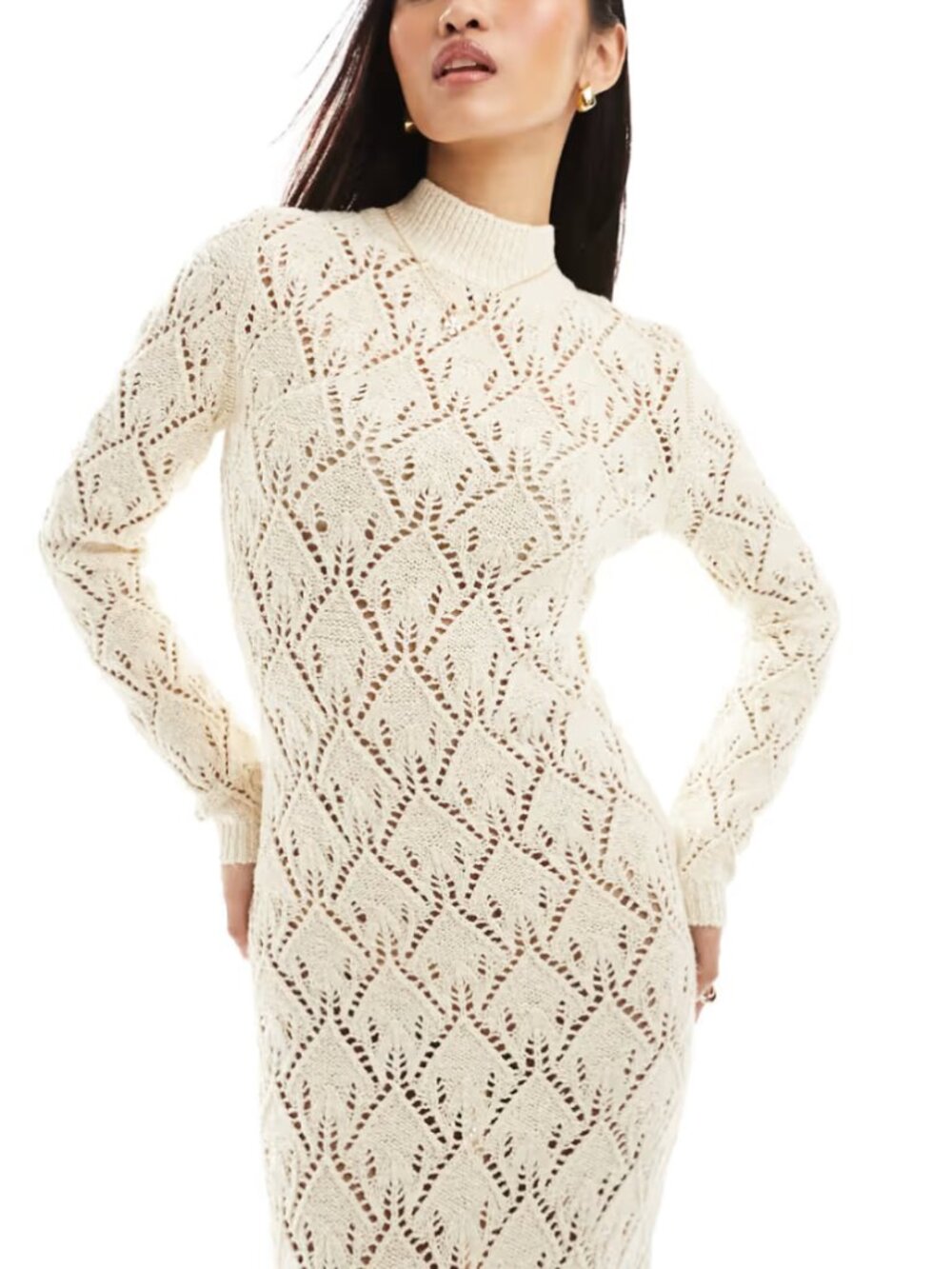 MANGO Natural Crochet Knitted High Neck Dress Medium